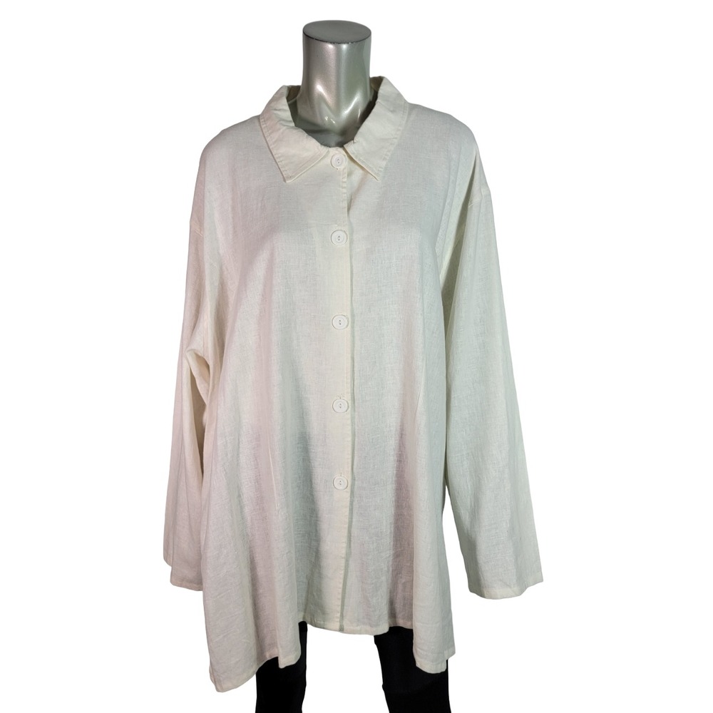 Florenzi Woman Linen Top Plus Size 3X Button Up Oversized Lagenlook Beige